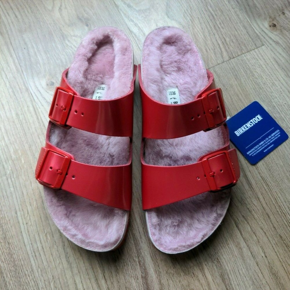 Birkenstock Dark Pink-Red Arizona Sandals with Light Pink Shearling Footbed - Picture 4 of 14